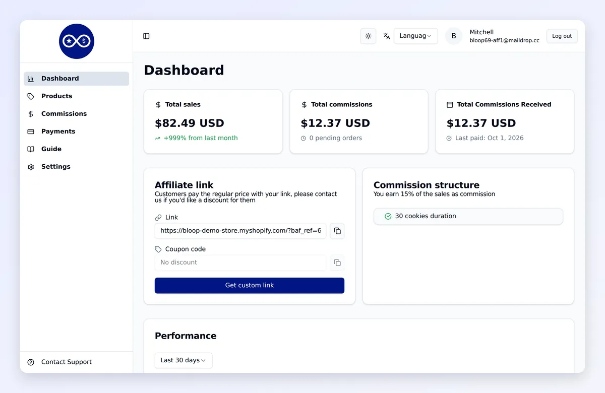 The affiliate portal pages