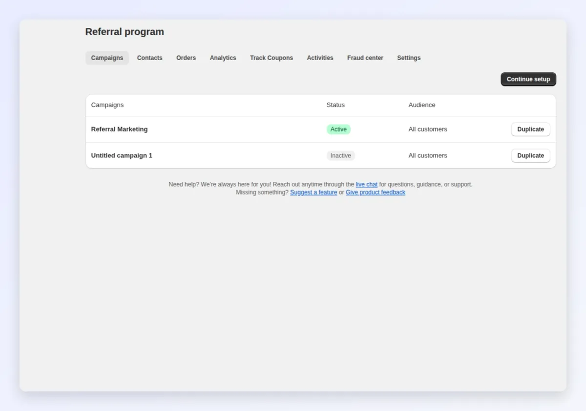 Contacts, Orders, Analytics, Activities and Fraud center in the Referral program