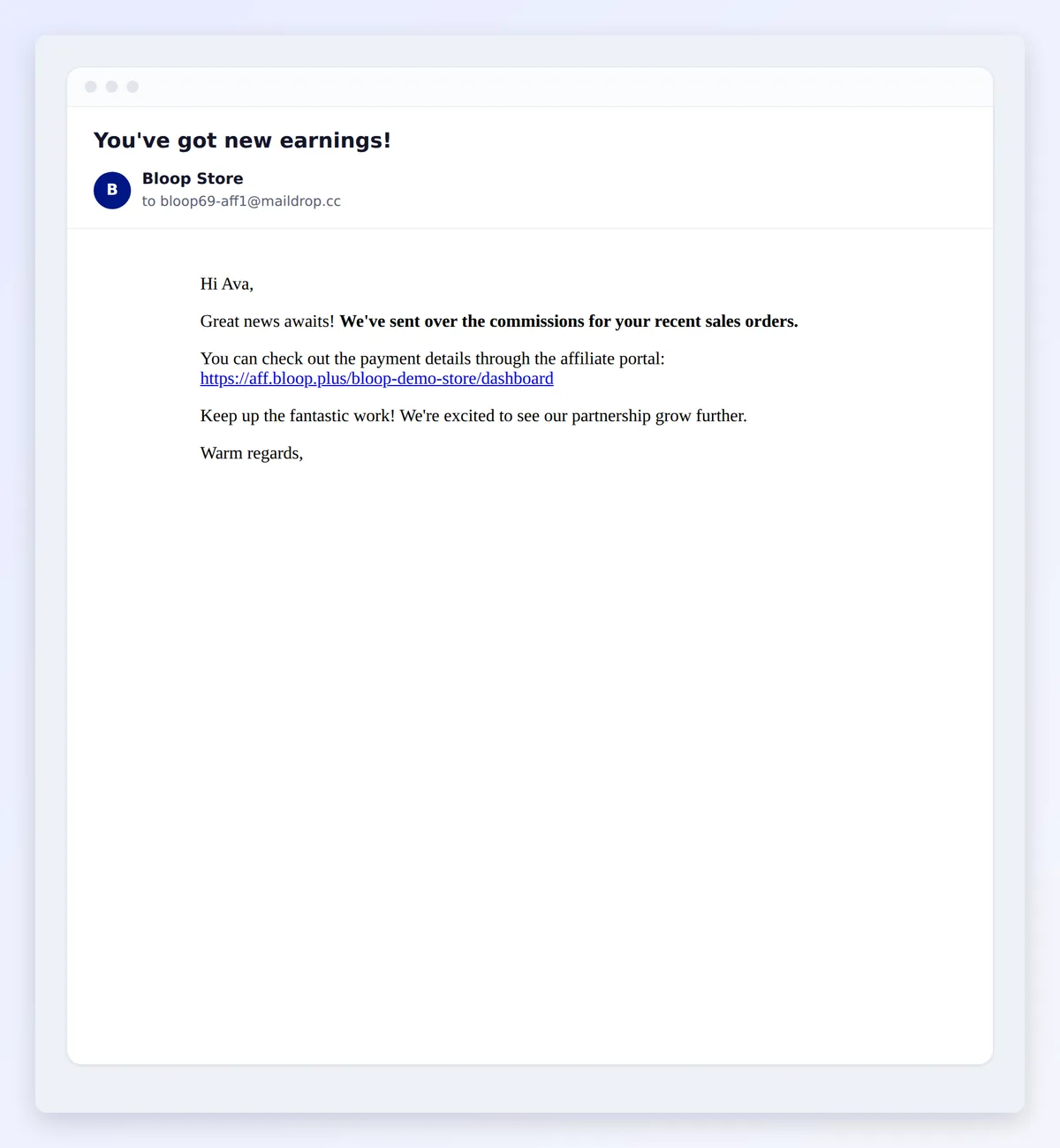 The email an affiliate receives when a payout is marked as paid