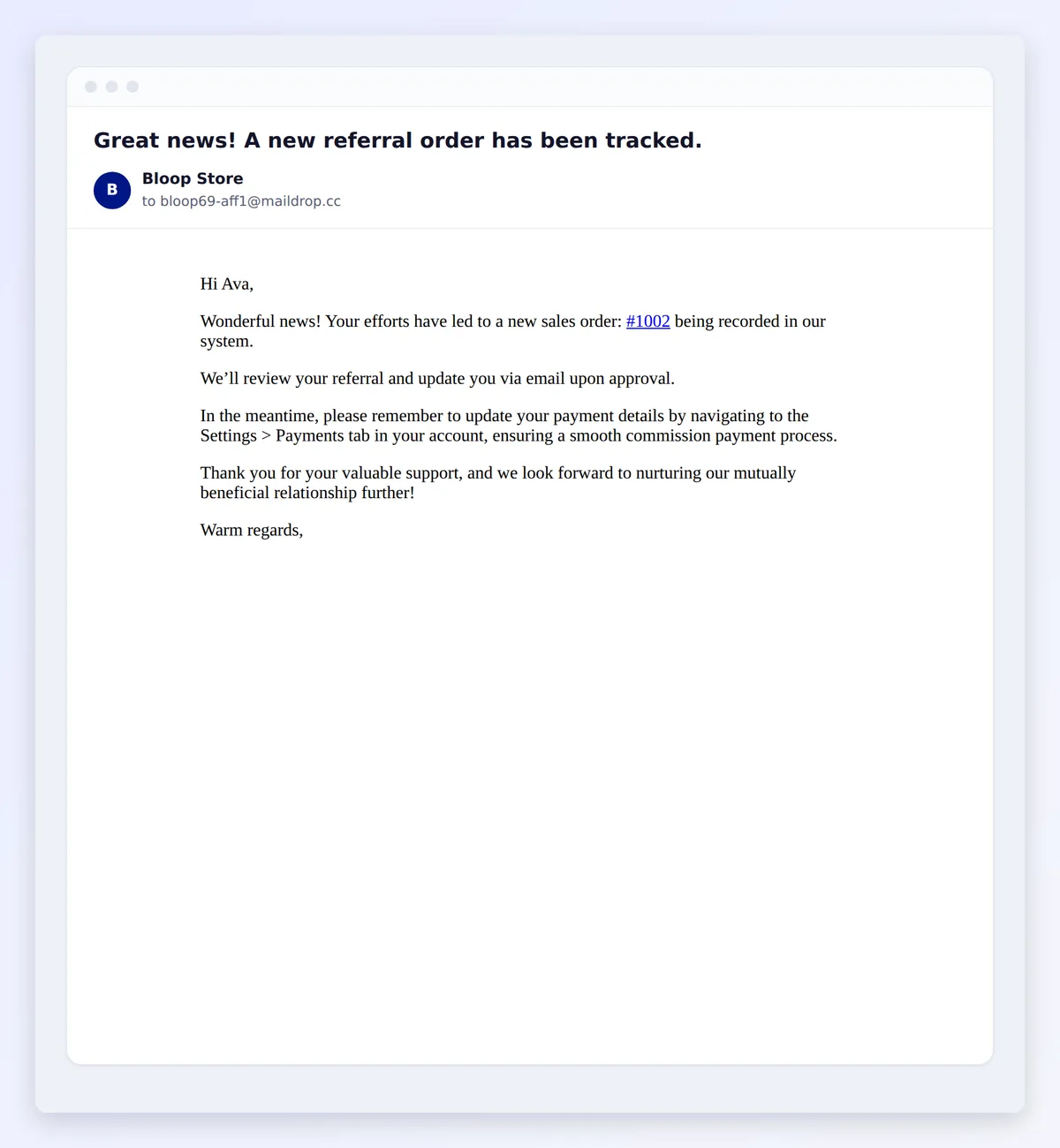 The email an affiliate receives when a sale is tracked