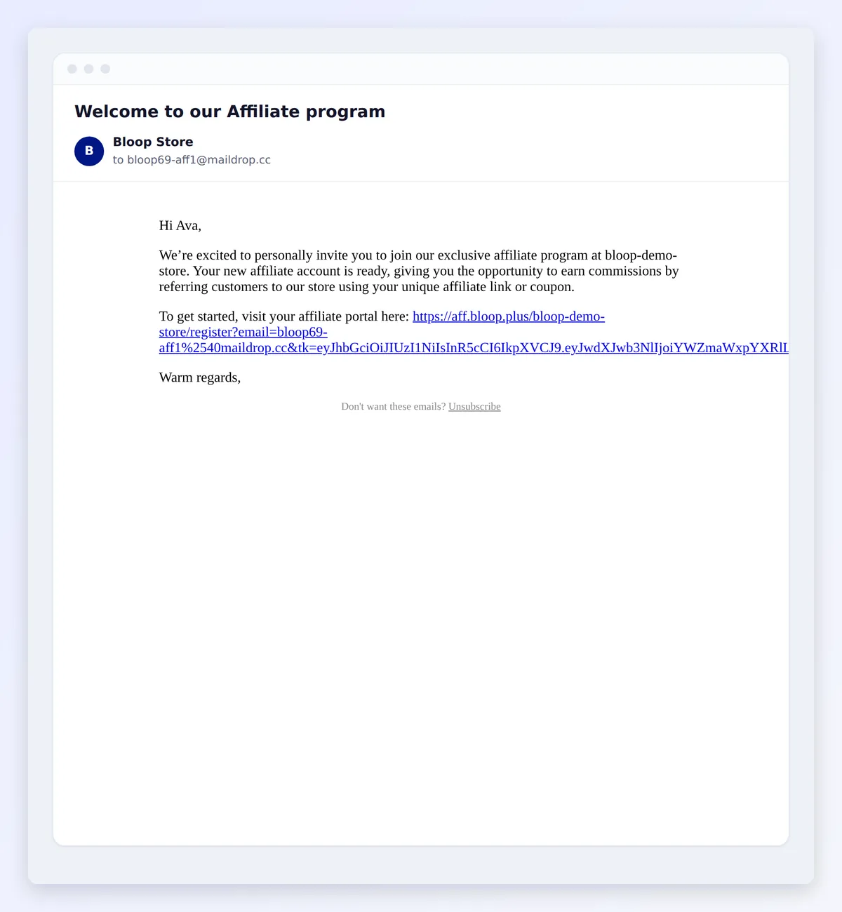 The welcome email a new affiliate receives
