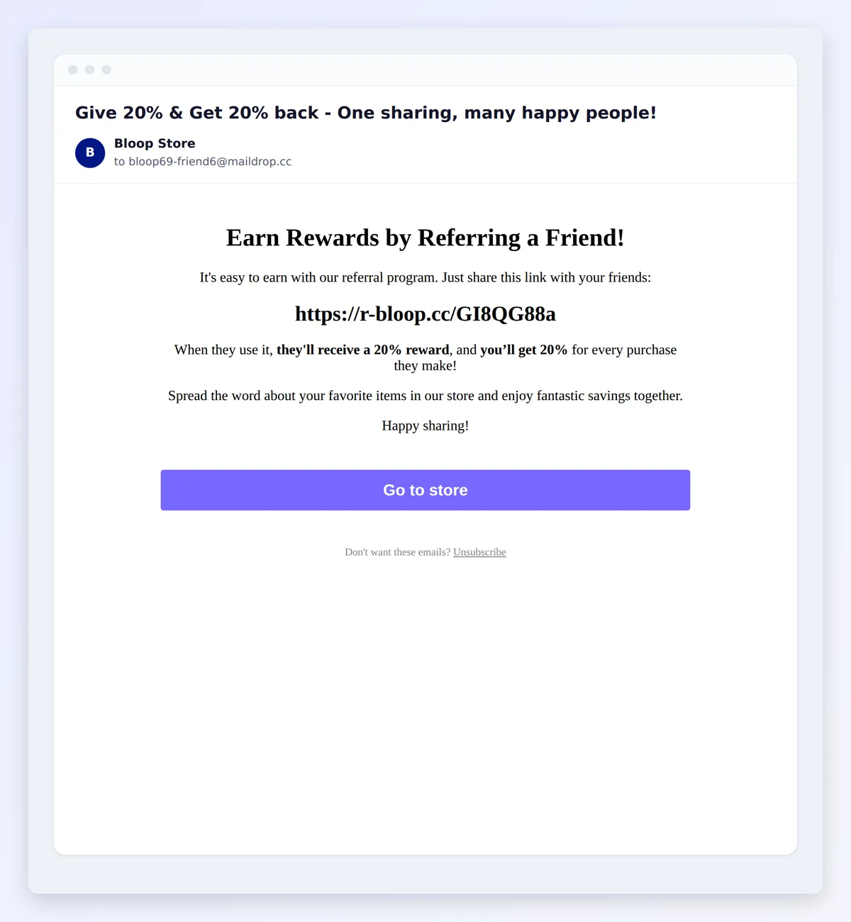 The email inviting a new customer to refer friends after their first order