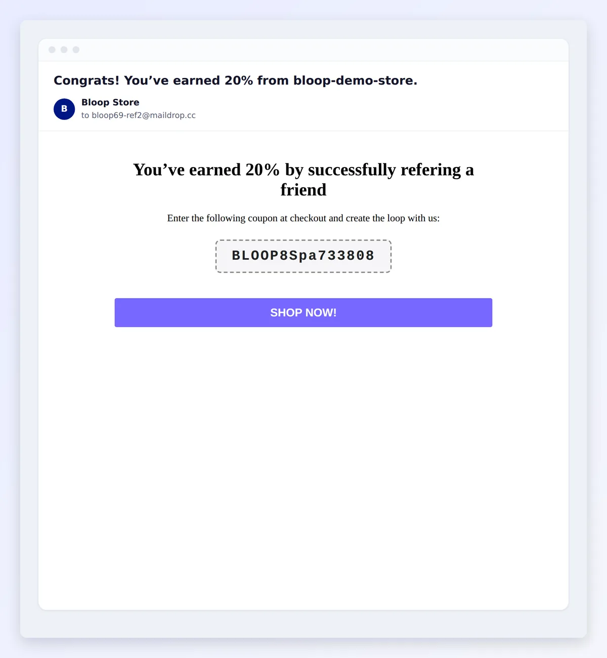 The reward email with the referrer discount code