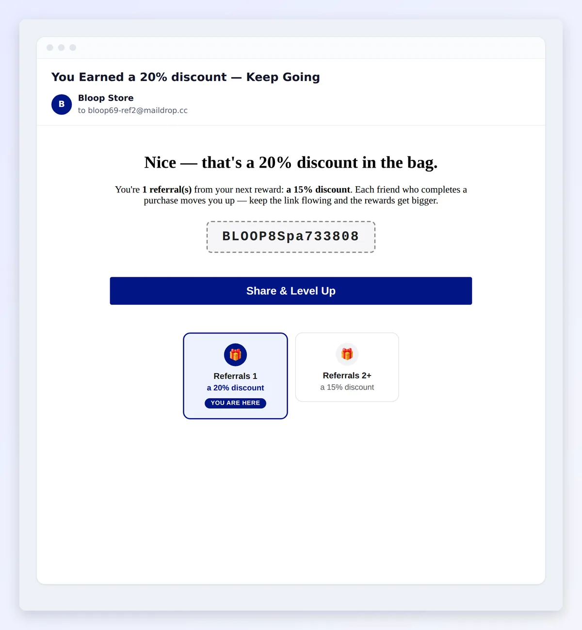 The progress email a referrer receives after reaching a tier
