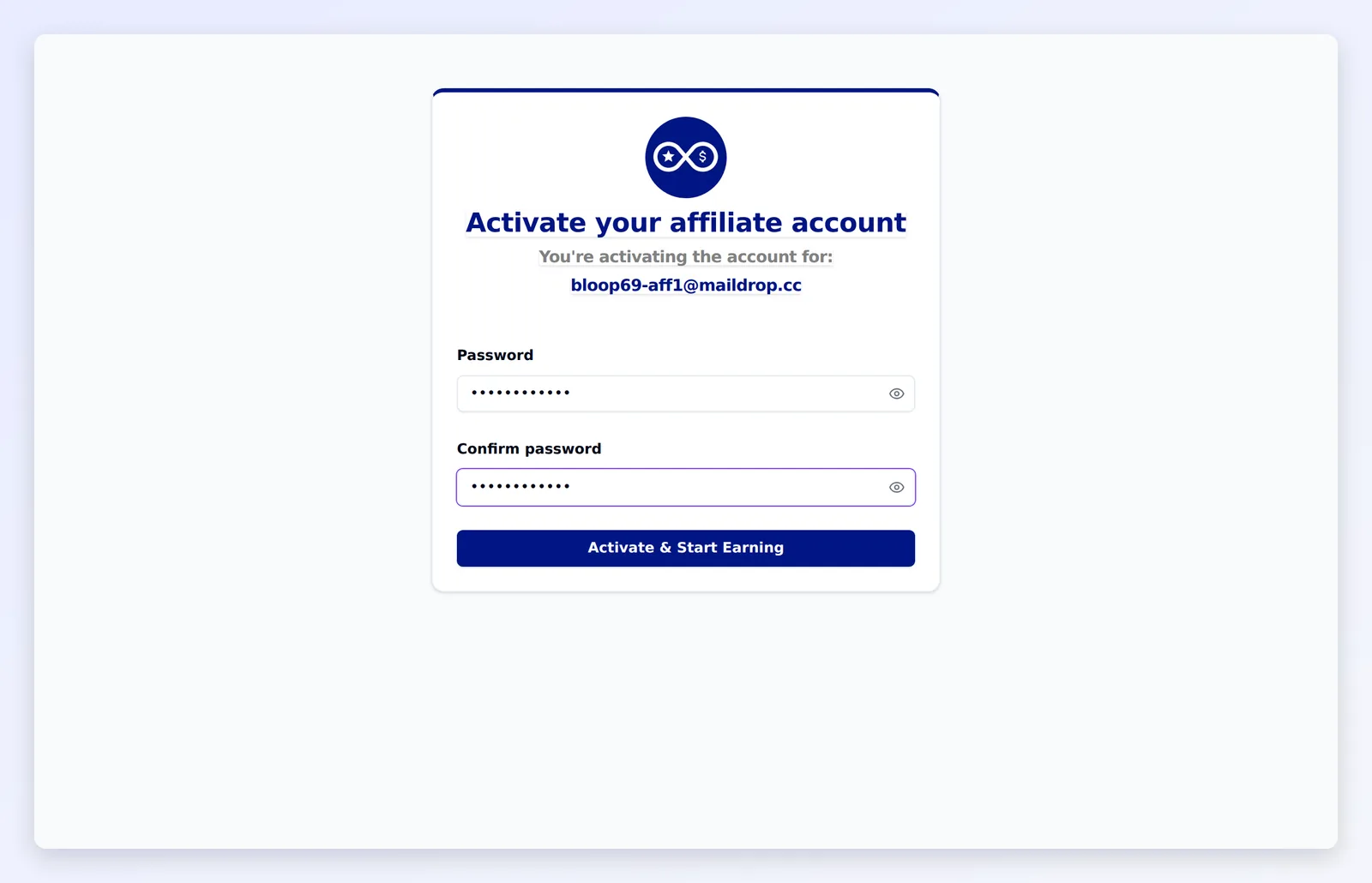 The branded portal activation page