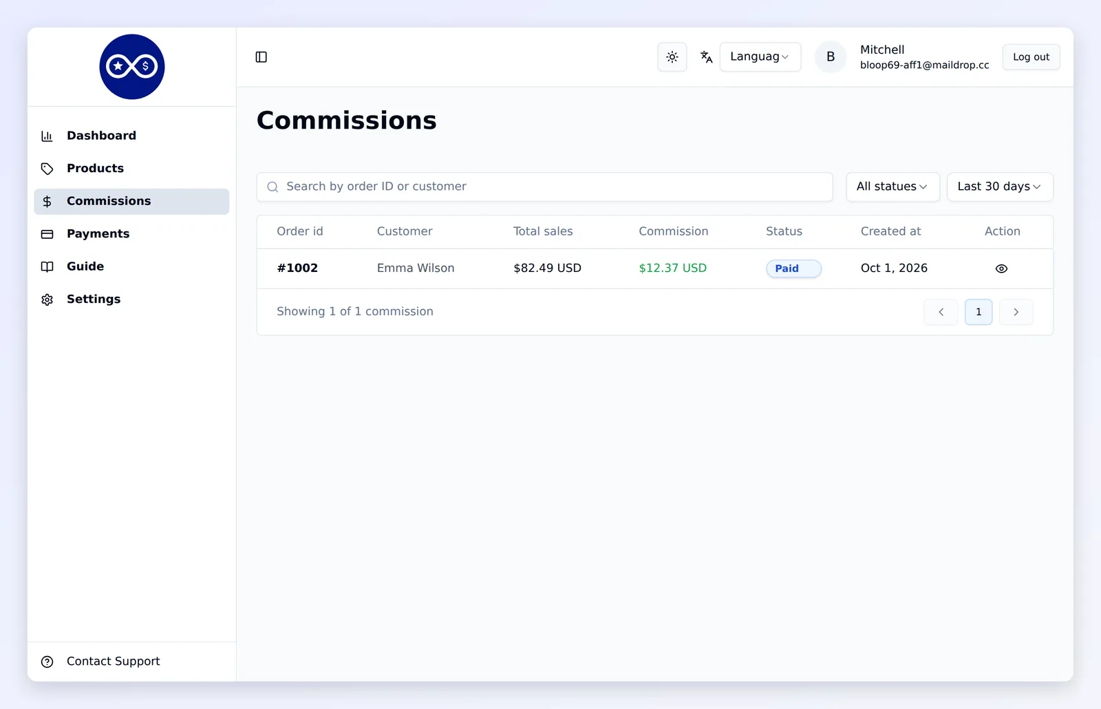 Commissions as the affiliate sees them in the portal