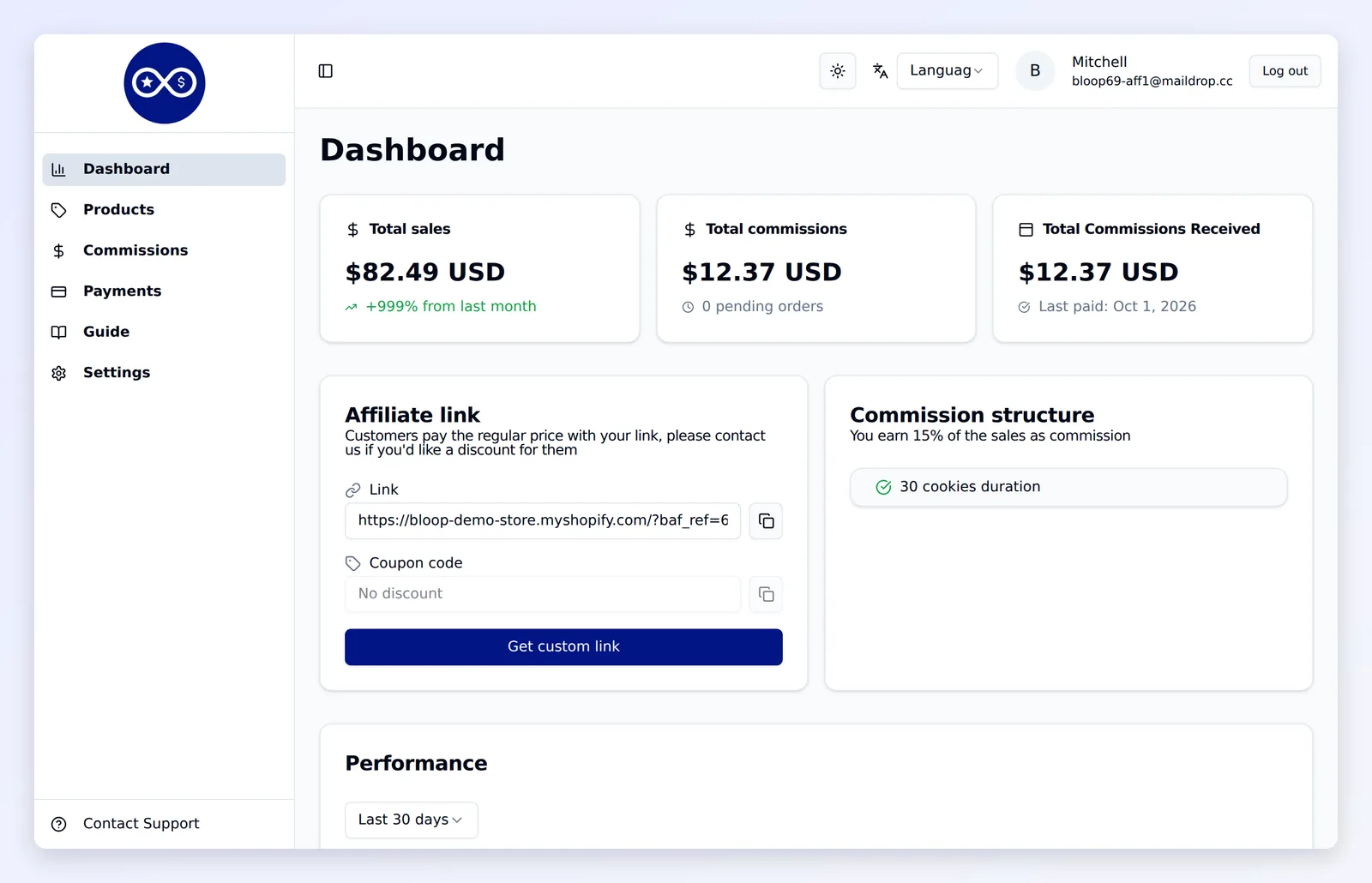 The affiliate portal dashboard with sales, commissions and the affiliate link