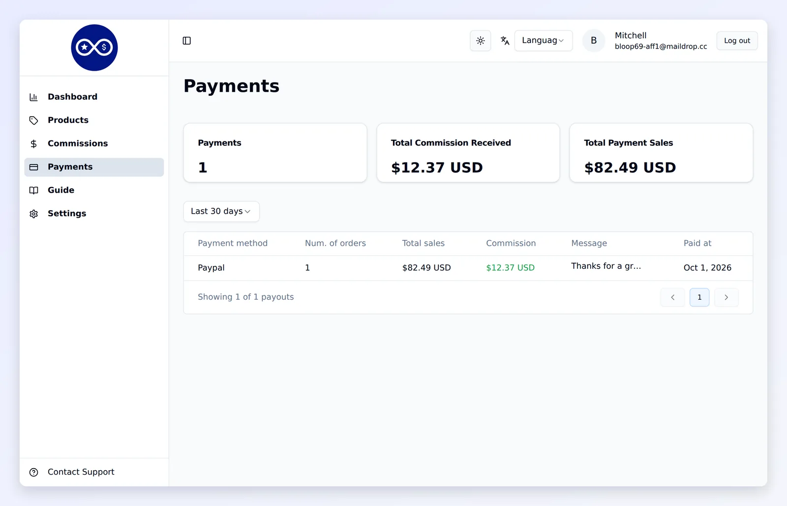 The Payments page in the affiliate portal