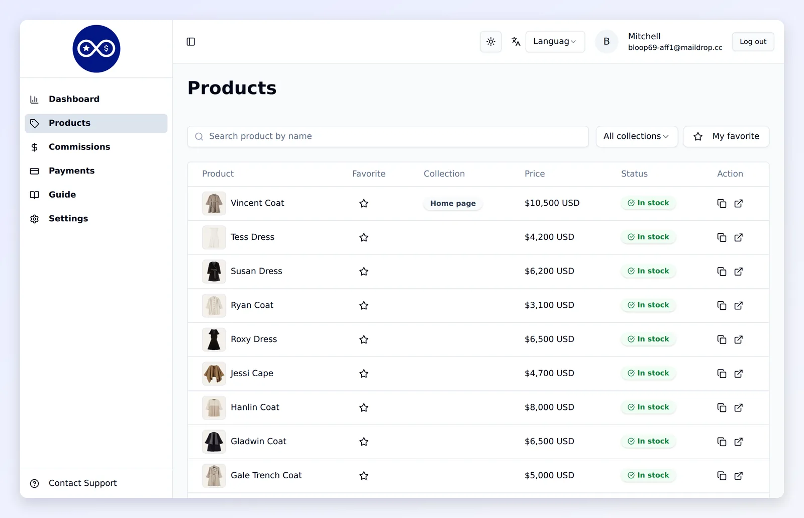 The Products page of the affiliate portal