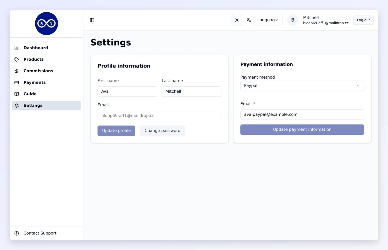Affiliates add their payment details in portal Settings