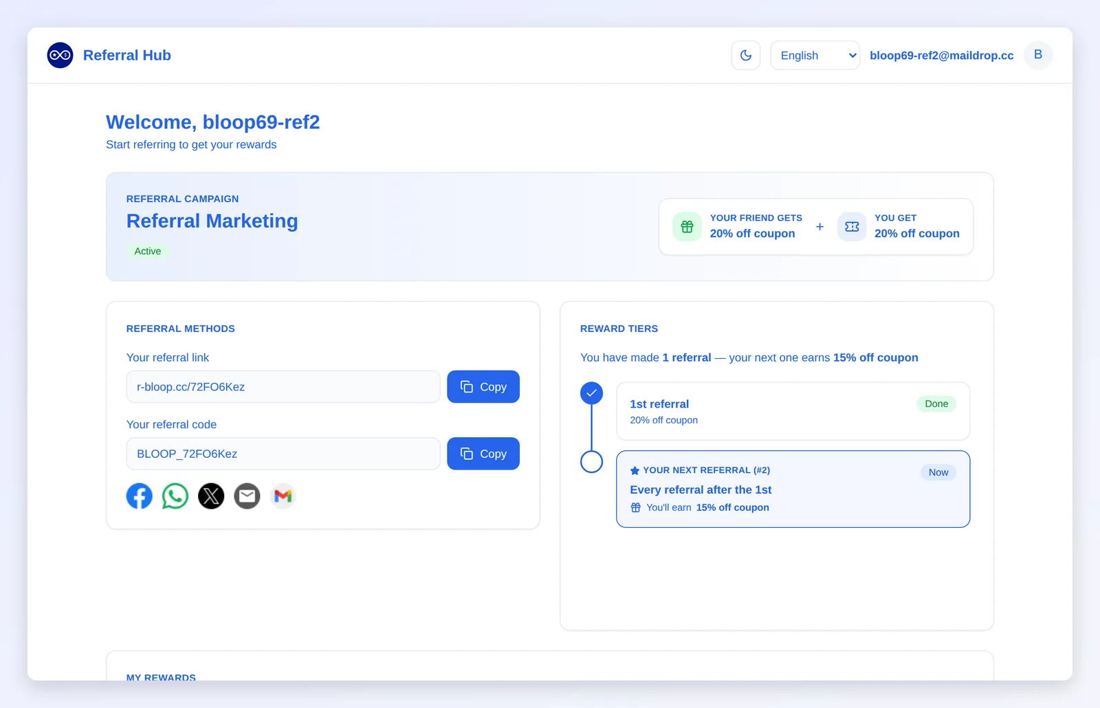 A referrer’s Referral Hub with campaign, referral methods and rewards
