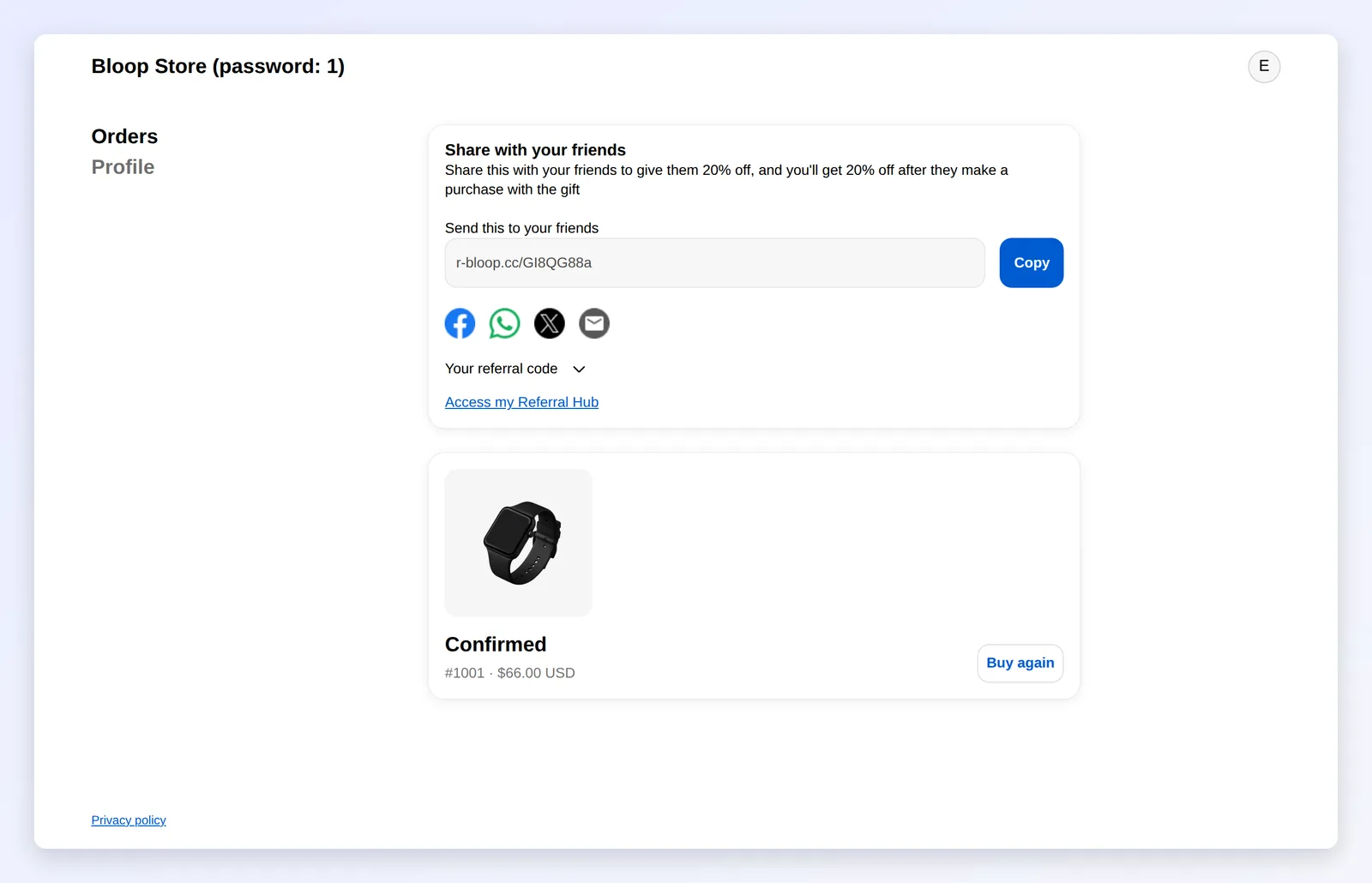The Referral link block above the order list