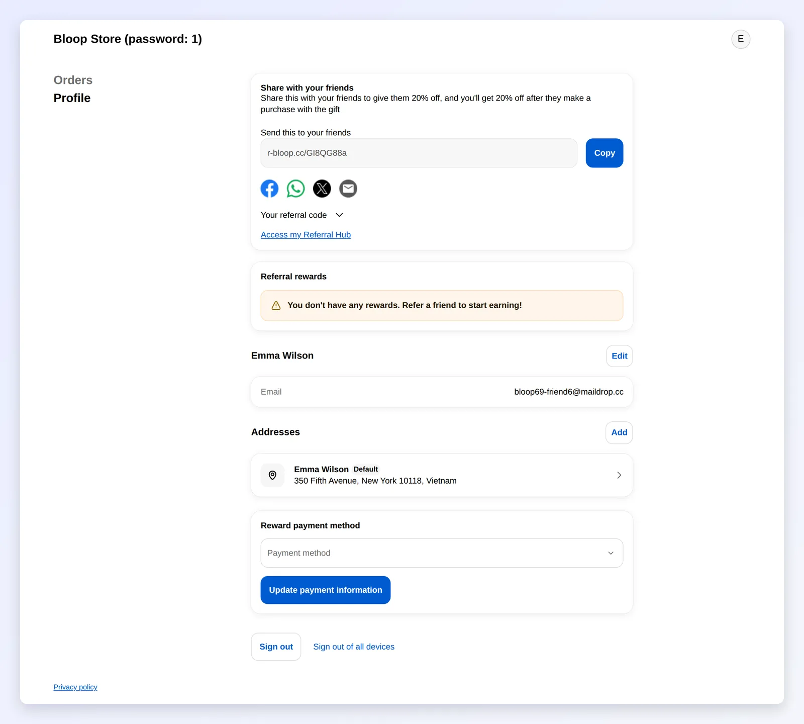 The Referral link, Referral rewards and Reward payment method blocks on a customer Profile page