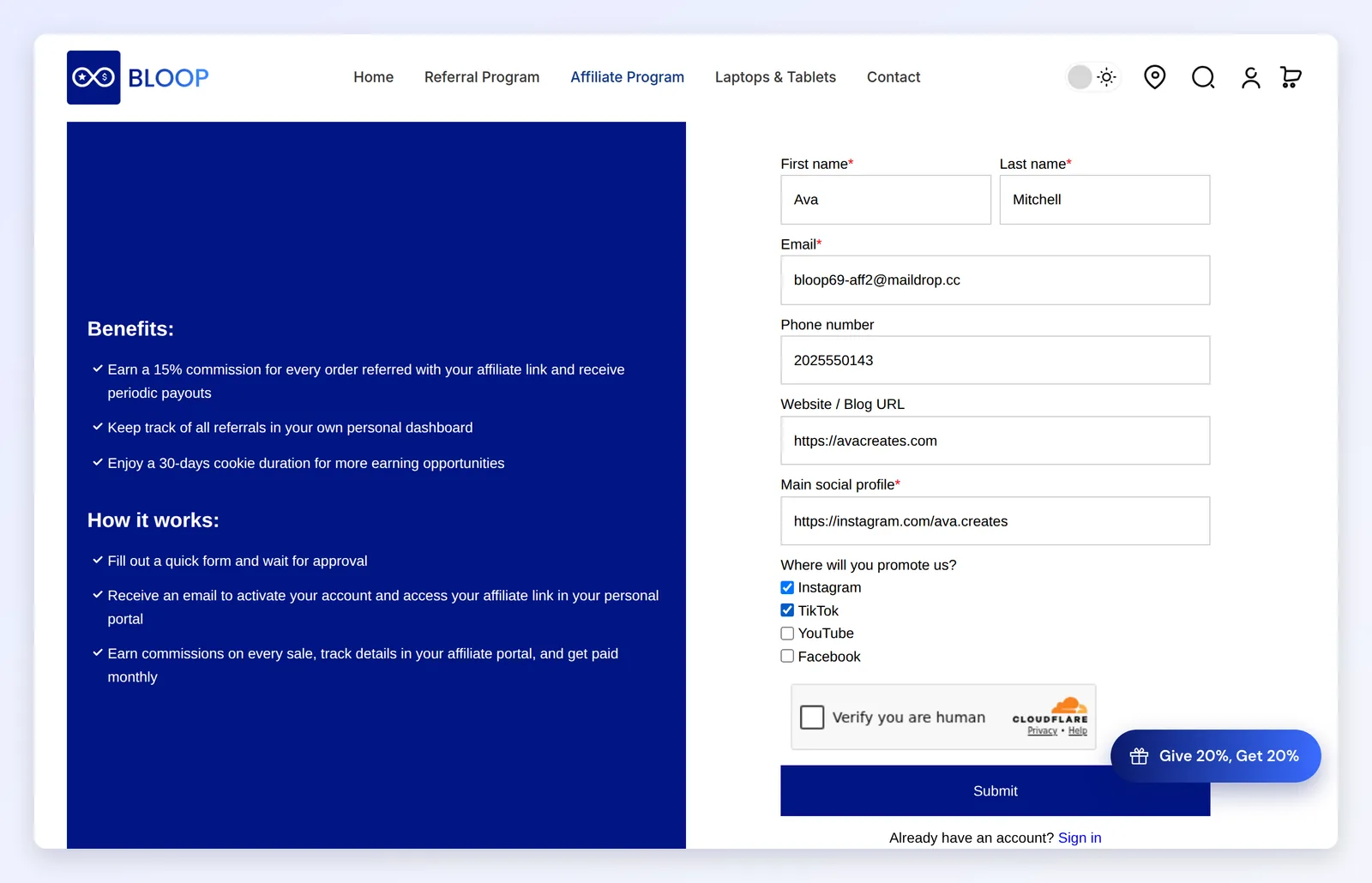 A registration page that sells the program