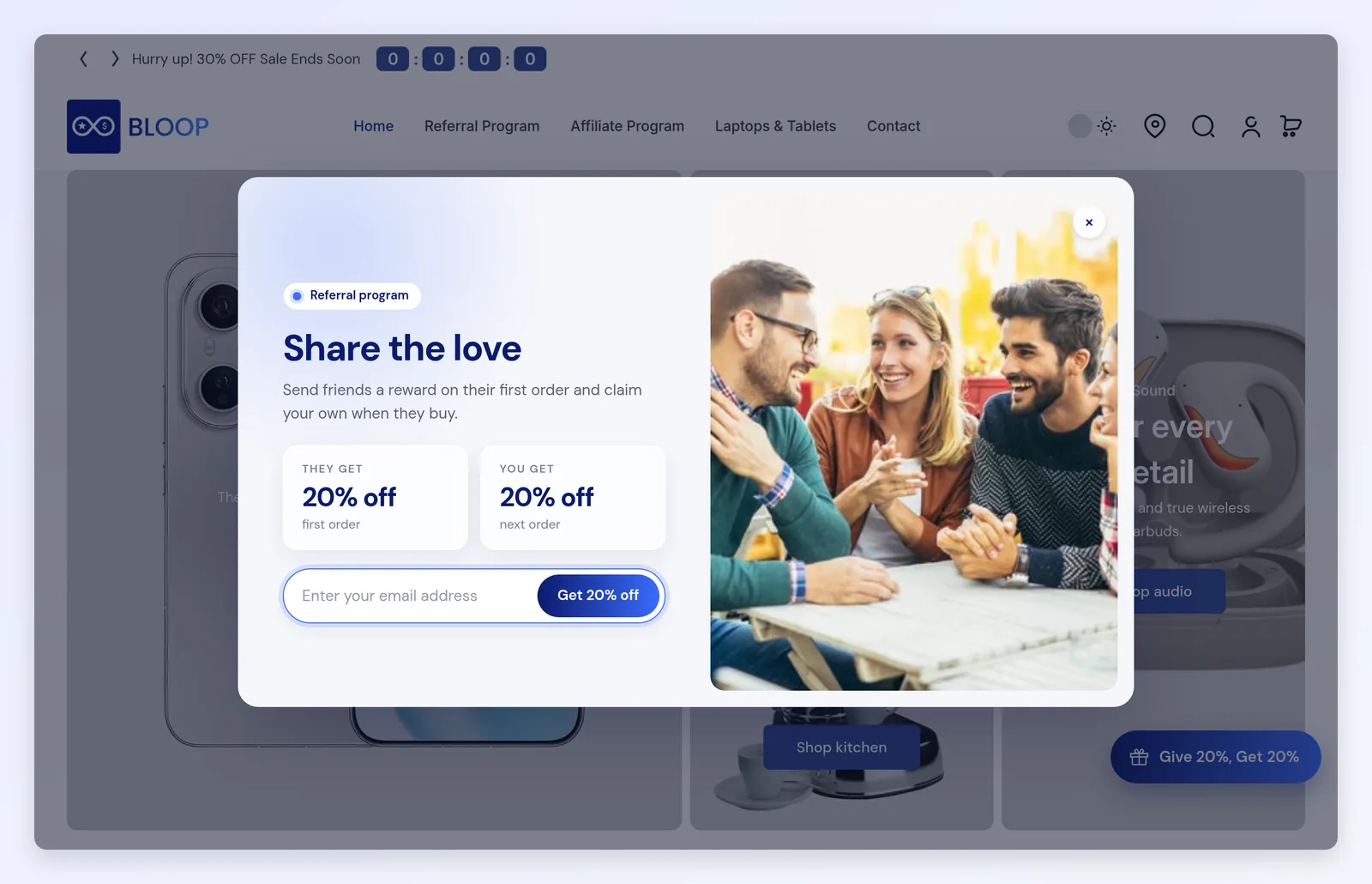 A referral offer on a Shopify storefront